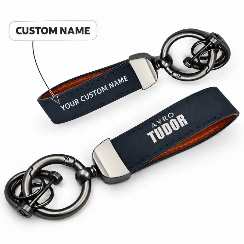Avro 689 Tudor II - Leather Key Chain - Horseshoe Buckle - Tag - Navy Blue + Name