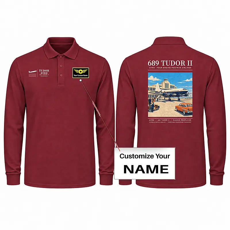 Avro 689 Tudor II Premium Polo T-Shirts - Poster + Name - Long Sleeve - Dark Red