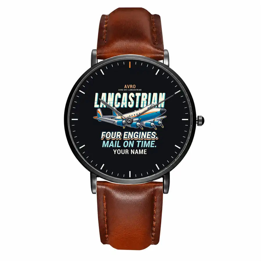 Avro 691 Lancastrian - Cartoon + Name - Slim Leather - Black and Brown Leather Strap