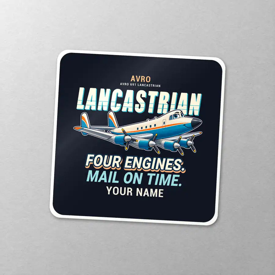 Avro 691 Lancastrian - Cartoon + Name - Square Sticker - Close-up