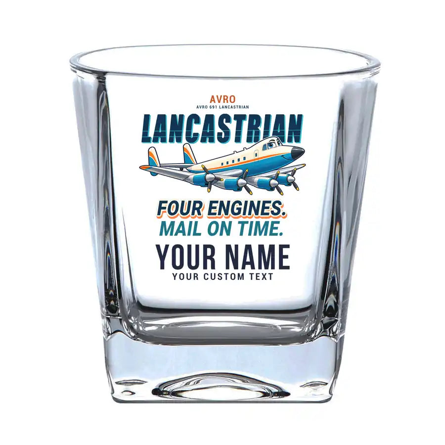 Avro 691 Lancastrian - Cartoon + Name - Whiskey Glass