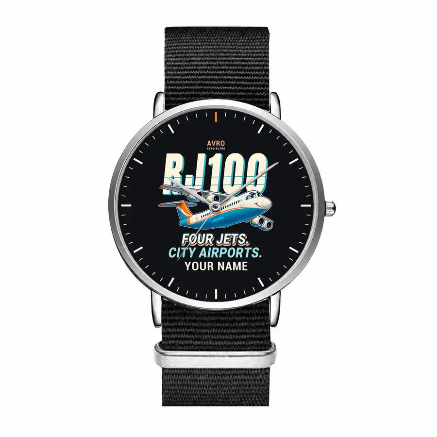 Avro RJ100 - Cartoon + Name - Slim Leather - Silver and Black Nylon Strap
