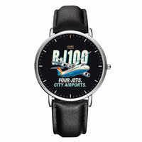 Thumbnail for Avro RJ100 - Cartoon - Slim Leather - Silver and Black Leather Strap
