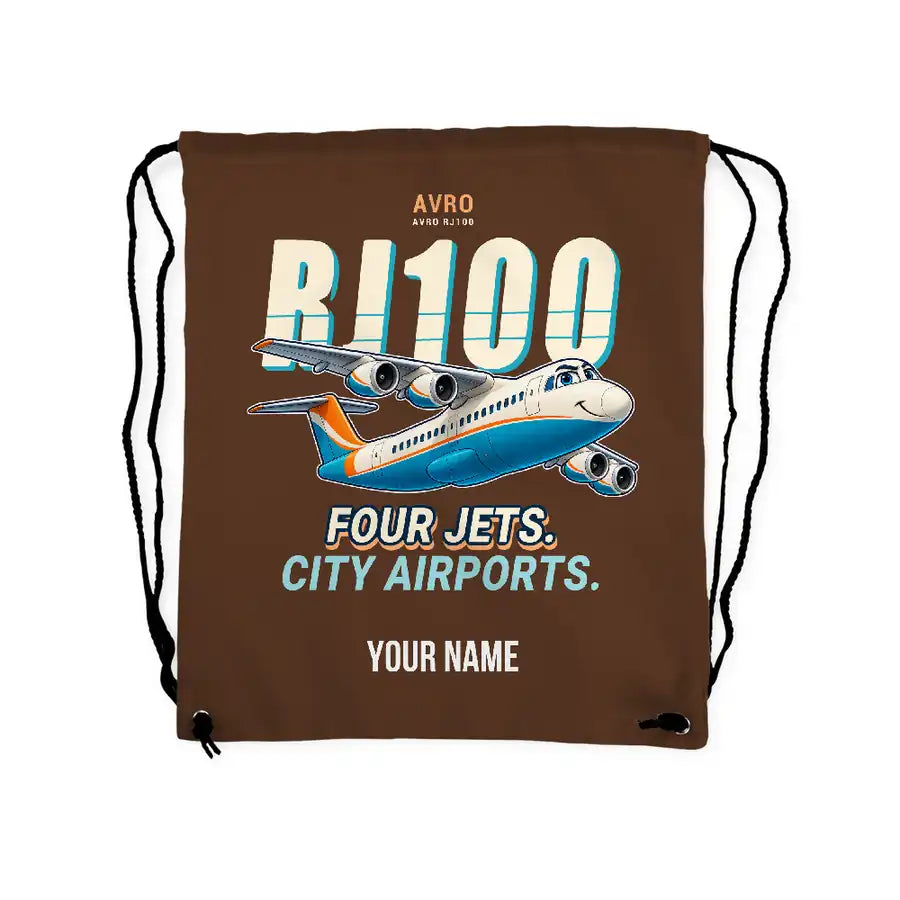 Avro RJ100 - Drawstring Bag - Cartoon + Name - Brown