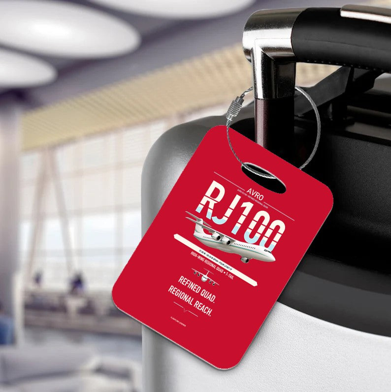 Avro RJ100 design on red acrylic luggage tags, double-side print