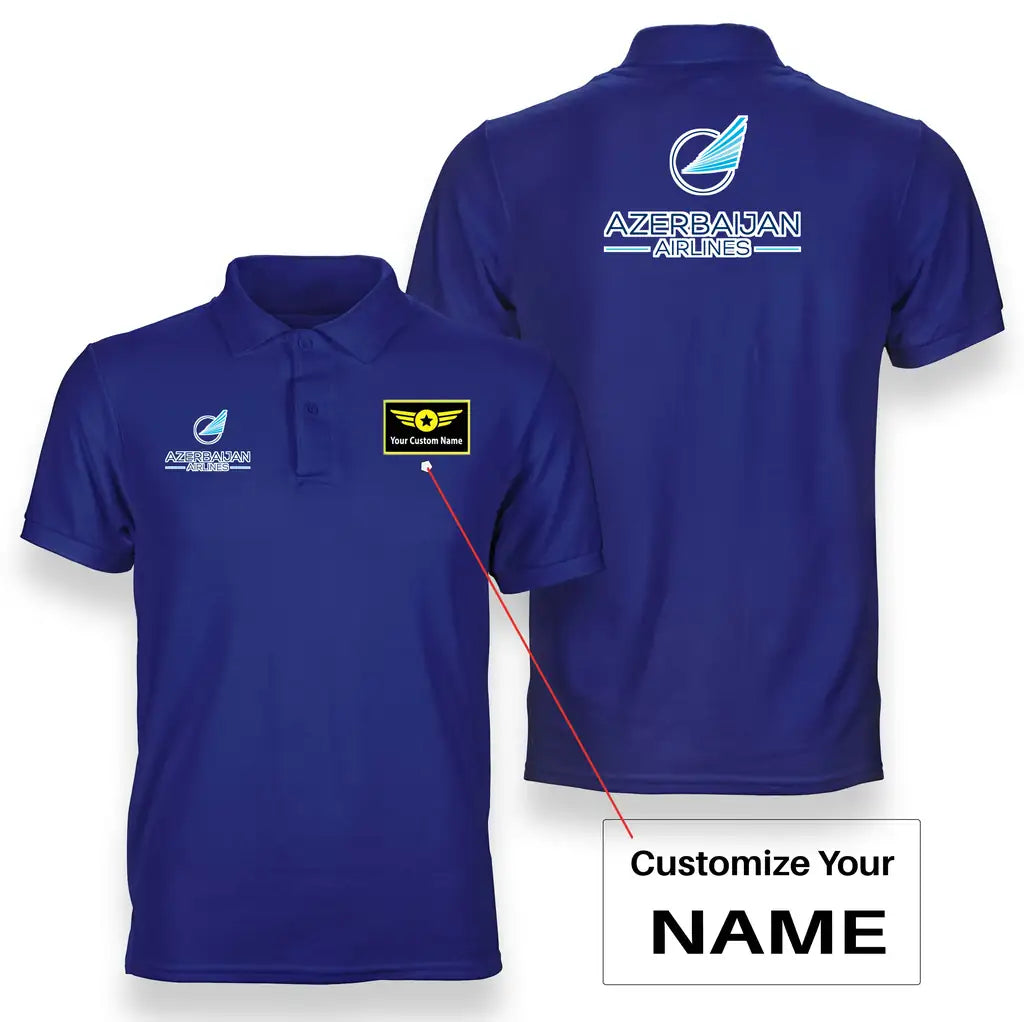 Azerbaijan Airlines logo on blue + name double side polo t shirt