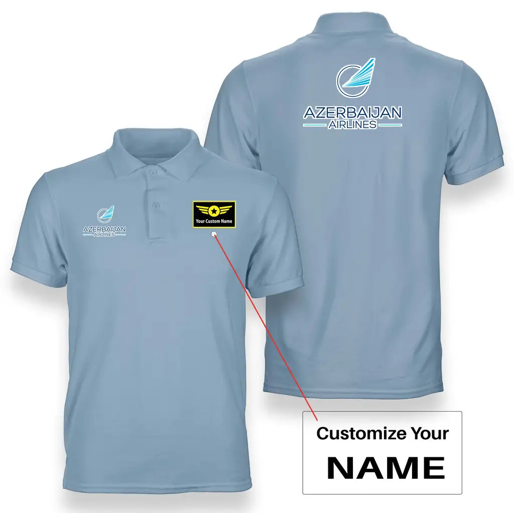 Azerbaijan Airlines logo on light blue + name double side polo t shirt