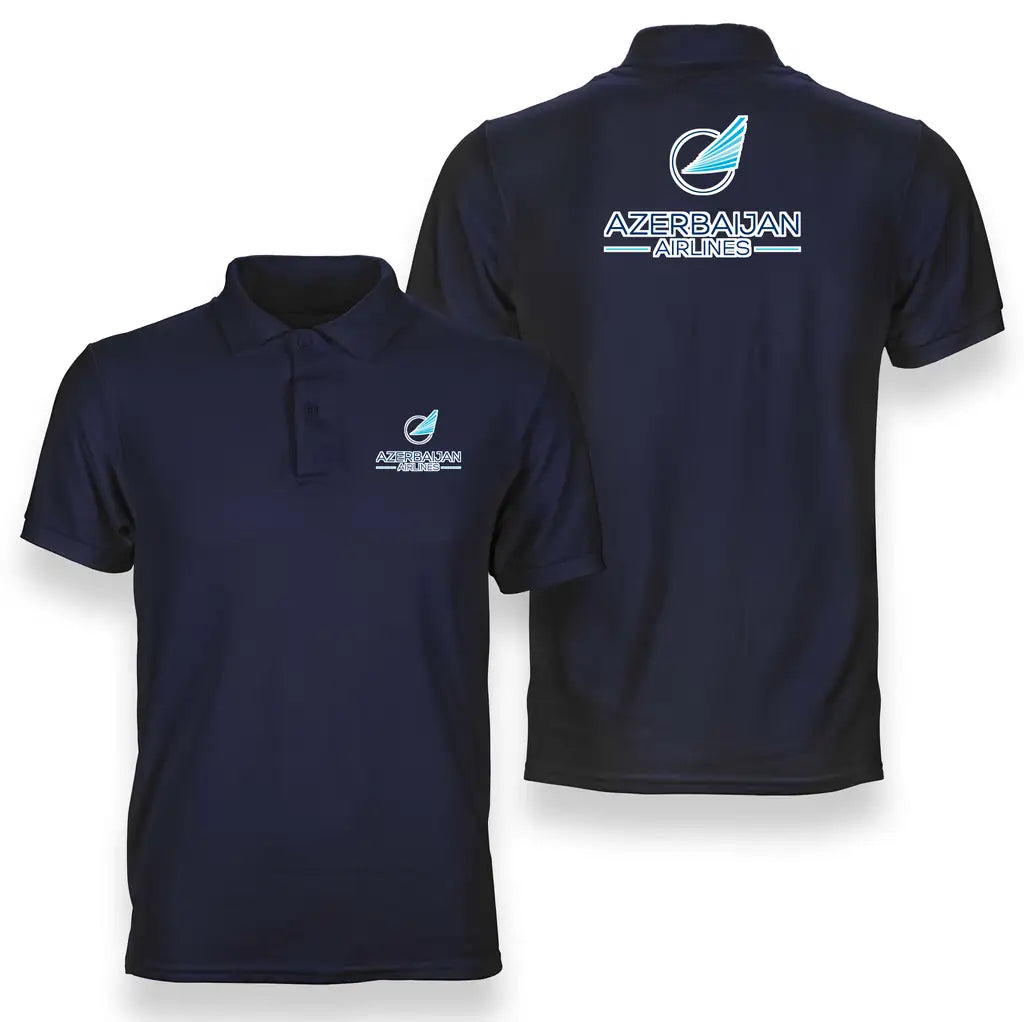 Azerbaijan Airlines logo on navy blue double side polo t shirt