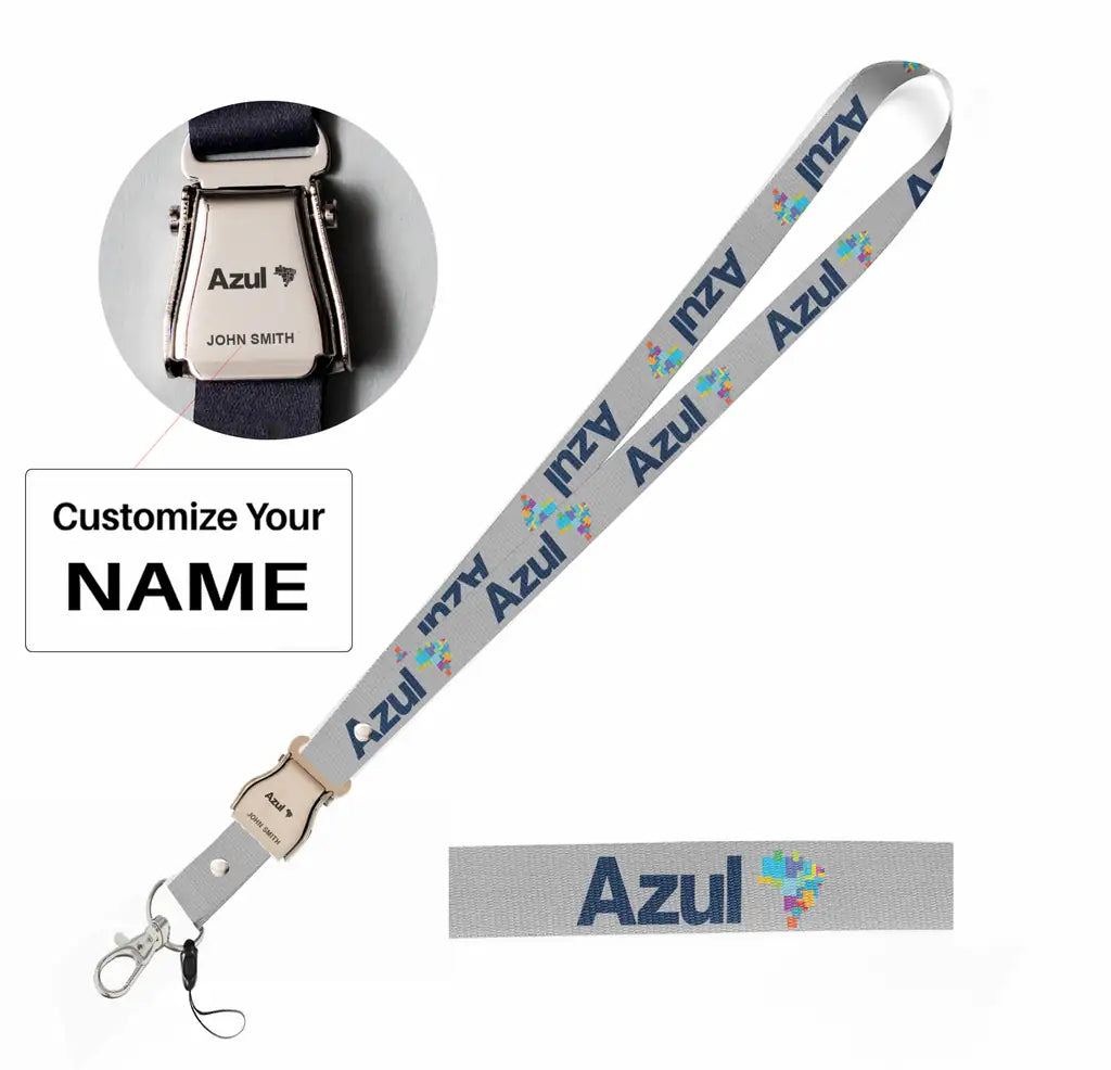 Azul Airlines seat belt lanyard - light gray with name