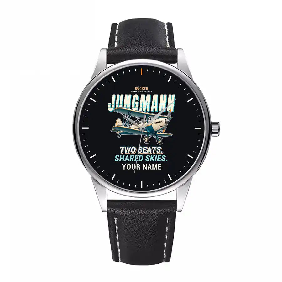 Bücker Bü 131 Jungmann - Cartoon + Name - Leather Strap - Black Leather Strap