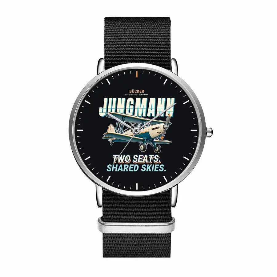 Bücker Bü 131 Jungmann - Cartoon - Slim Leather - Silver and Black Nylon Strap