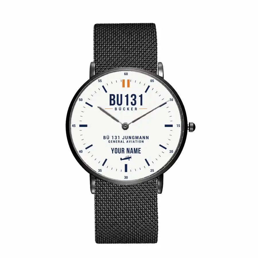 Bücker Bü 131 Jungmann - Classic - White + Name - Slim Mesh - Black and Stainless Steel Strap