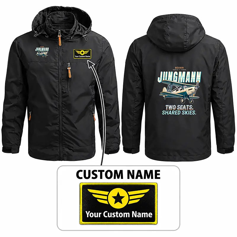 Bücker Bü 131 Jungmann Stylish Jackets - Hooded Windbreaker - Cartoon + Name - Black