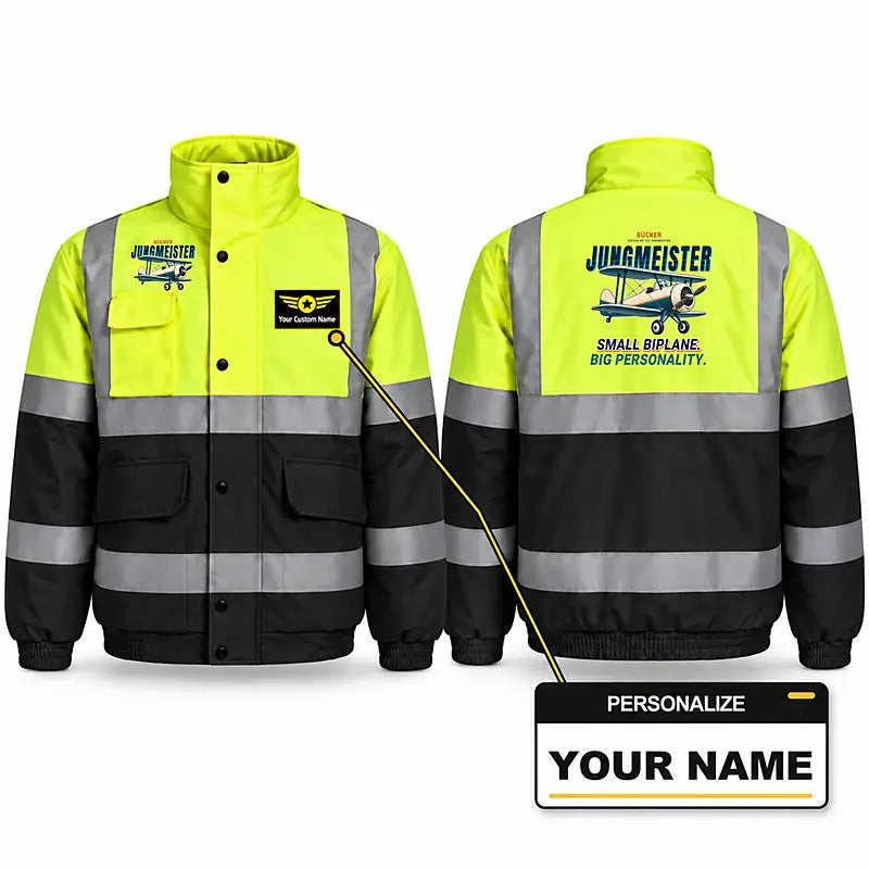 Bücker Bü 133 Jungmeister Reflective Winter Jackets - Cartoon + Name - Fluorescent Yellow & Navy