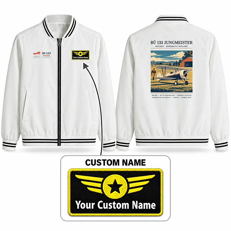 Bücker Bü 133 Jungmeister Stylish Jackets - Baseball Collar - Poster + Name - White