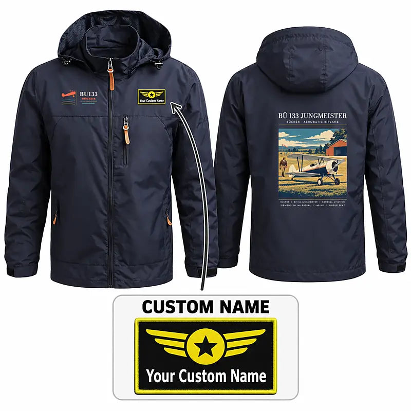 Bücker Bü 133 Jungmeister Stylish Jackets - Hooded Windbreaker - Poster + Name - Navy Blue