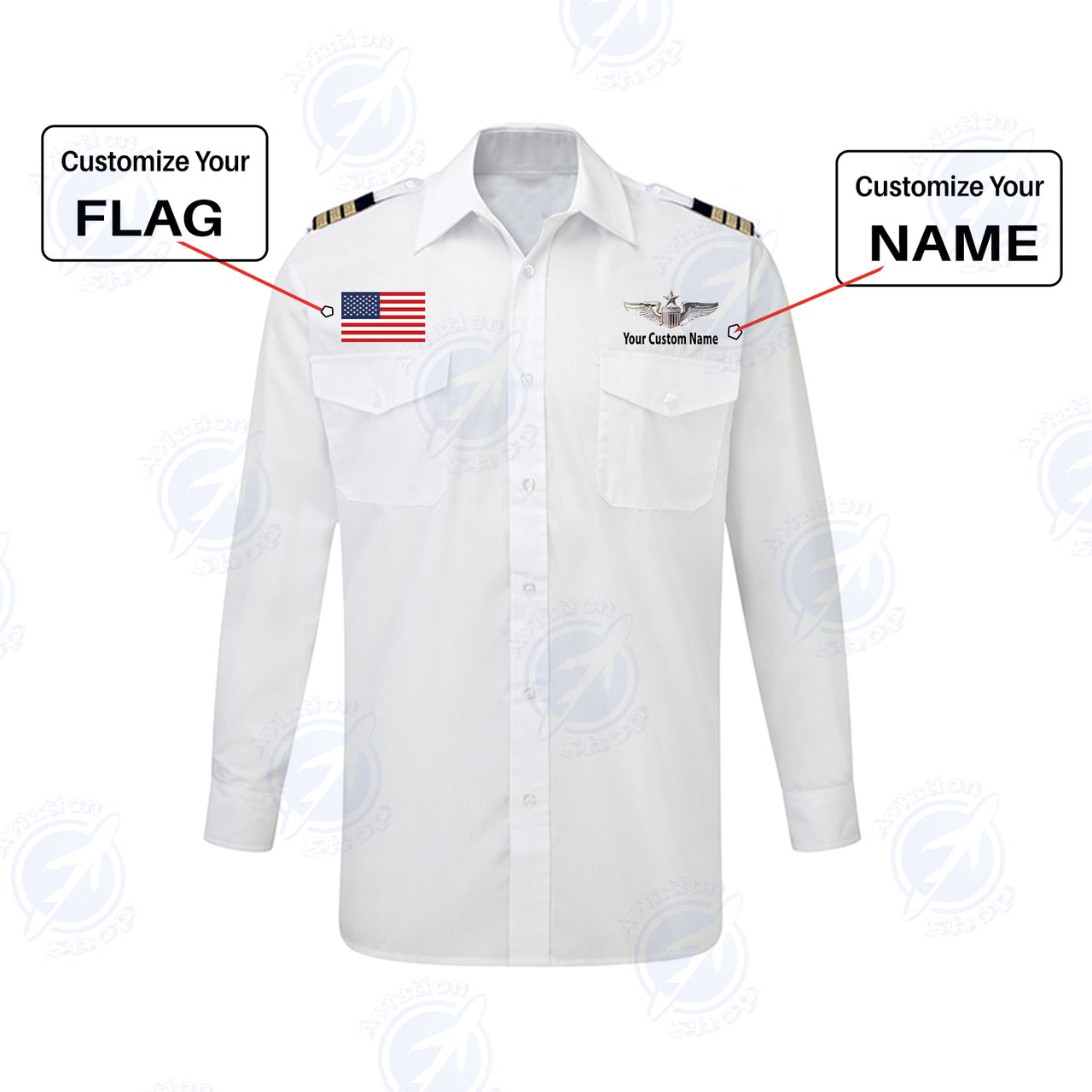 Custom Flag & Name with EPAULETTES (US Air Force & Star) Designed Long Sleeve Pilot Shirts