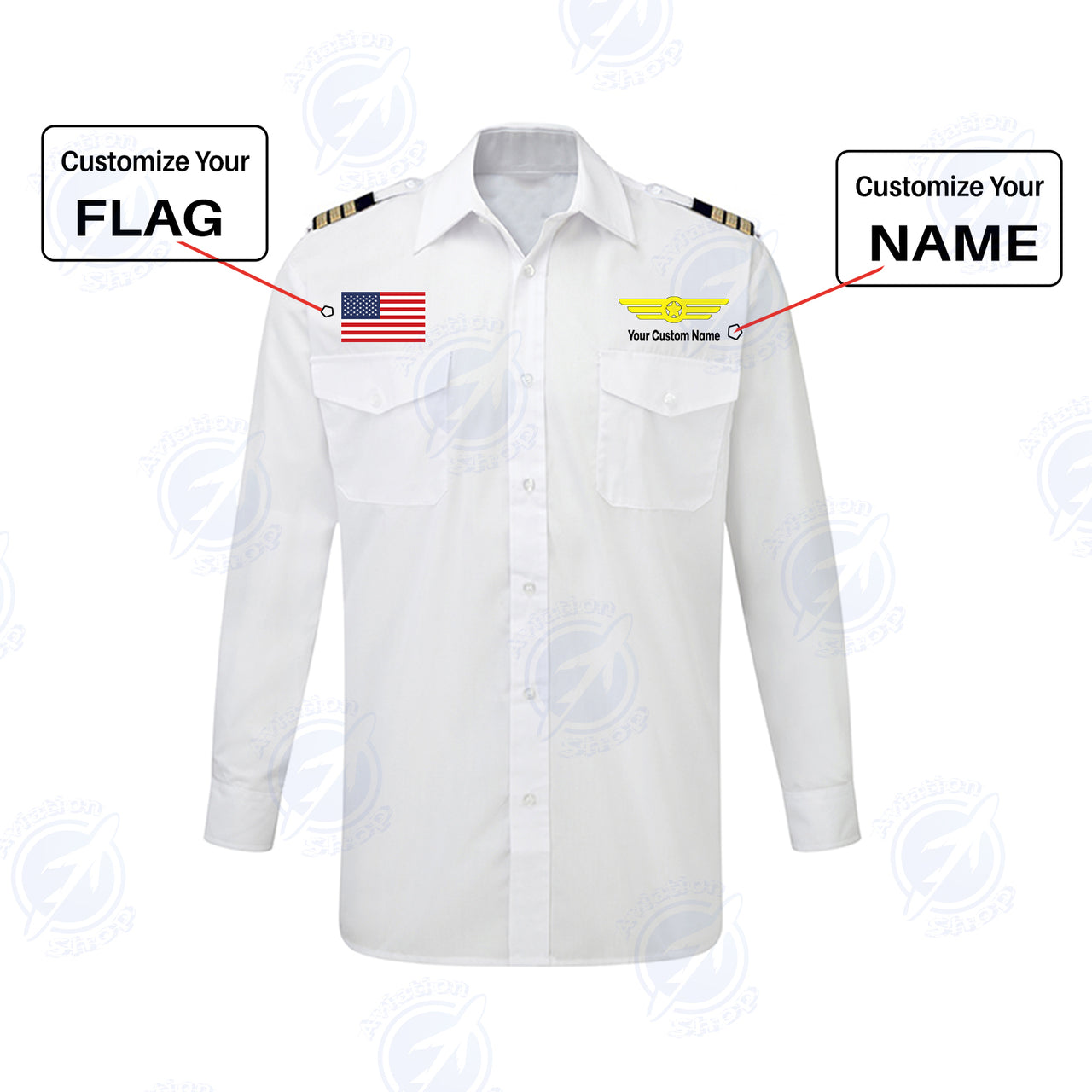 Custom Flag & Name with EPAULETTES (Badge 6) Designed Long Sleeve Pilot Shirts