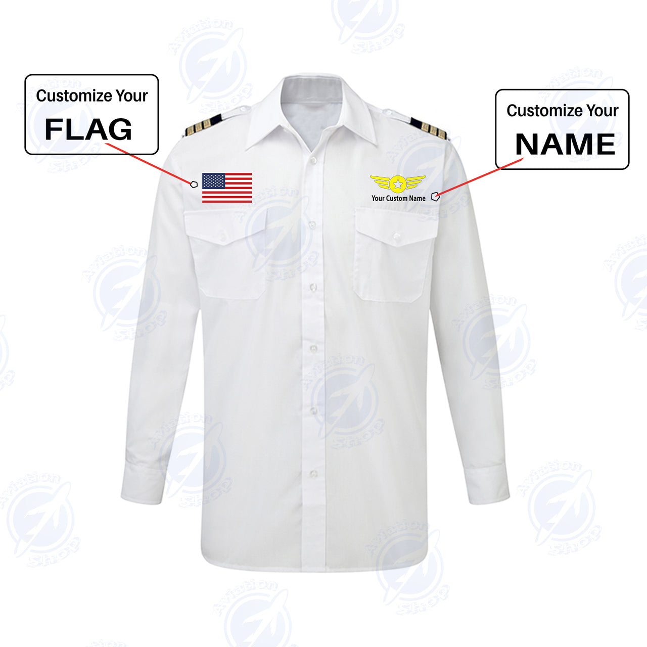 Custom Flag & Name with EPAULETTES (Badge 4) Designed Long Sleeve Pilot Shirts