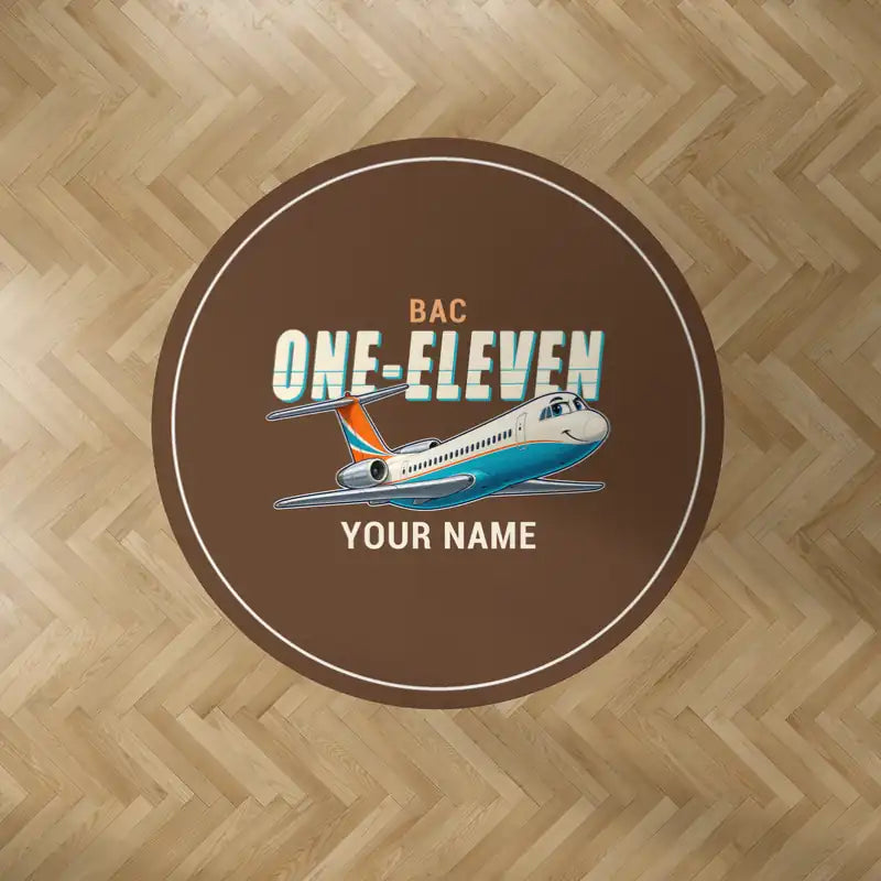 BAC One-Eleven 500 - Cartoon + Name - Round Carpet - Brown