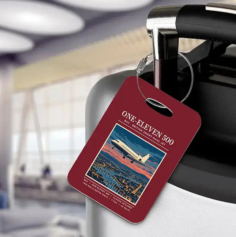 BAC One-Eleven 500 - Poster - Luggage Tag - Dark Red