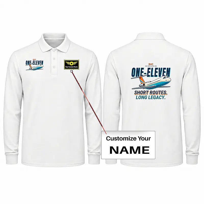 BAC One-Eleven 500 Premium Polo T-Shirts - Cartoon + Name - Long Sleeve - White