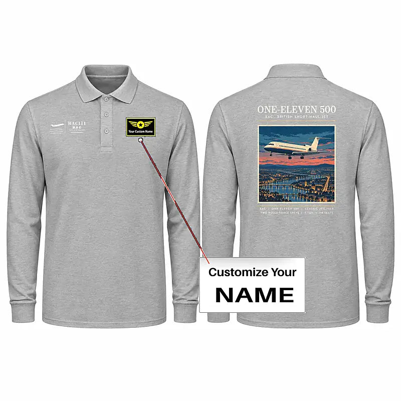 BAC One-Eleven 500 Premium Polo T-Shirts - Poster + Name - Long Sleeve - Gray