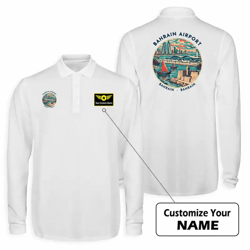 Bahrain International Airport (BAH) Premium Polo T-Shirts - Badge + Name - Long Sleeve - White