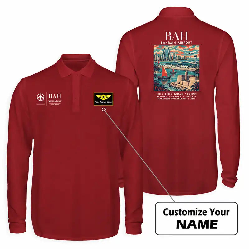 Bahrain International Airport (BAH) Premium Polo T-Shirts - Poster + Name - Long Sleeve - Dark Red
