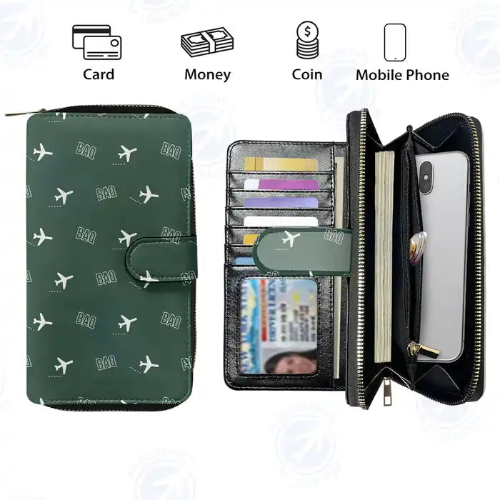 Ernesto Cortissoz International Airport (BAQ) Leather Wallets - Zip Long Wallet - Pattern - Dark Green