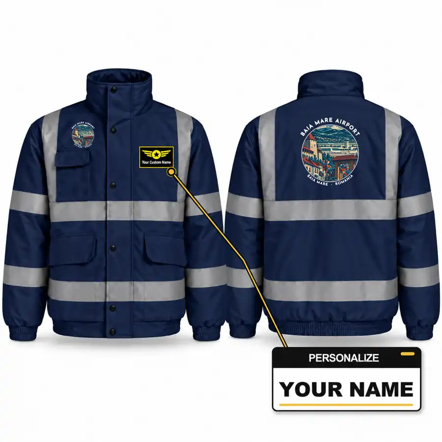 Baia Mare Airport (BAY) Reflective Winter Jackets - Badge + Name - Navy Blue