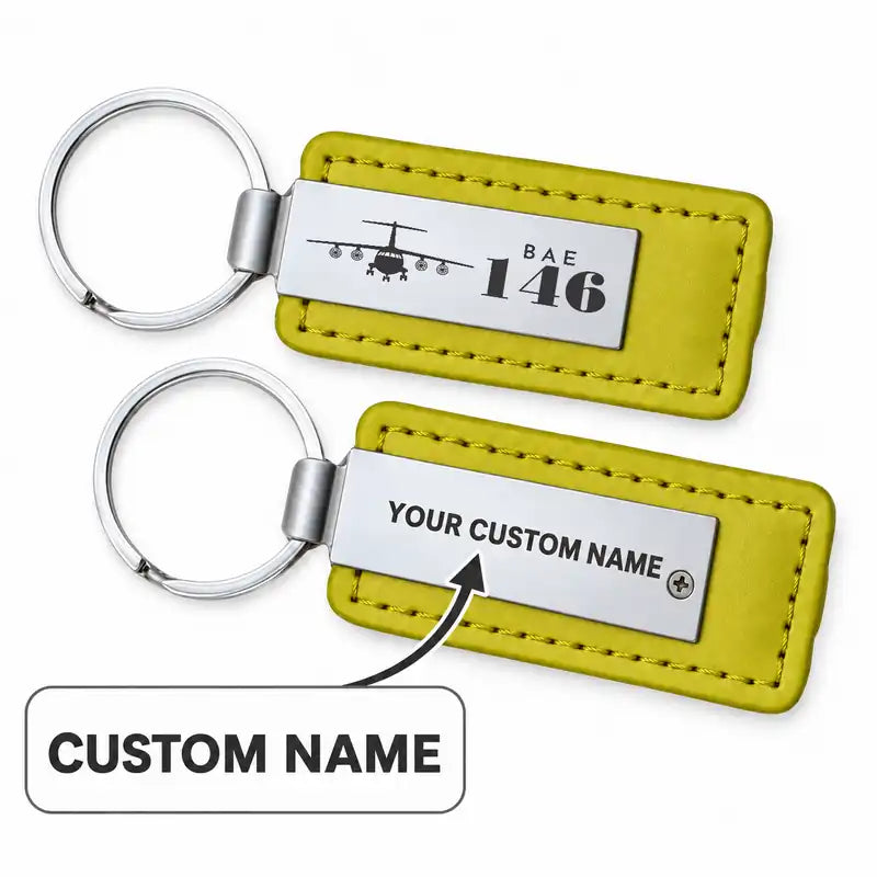 BAe 146-300 - Leather Key Chain - Faux Leather - Heritage - Yellow + Name