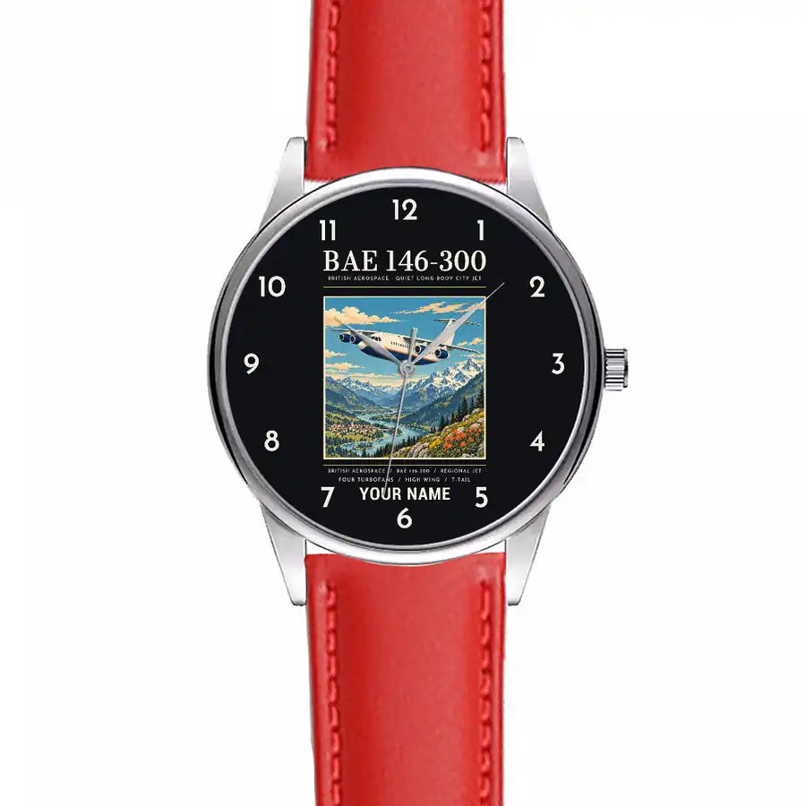 BAe 146-300 - Poster + Name - Leather Strap - Red Leather Strap