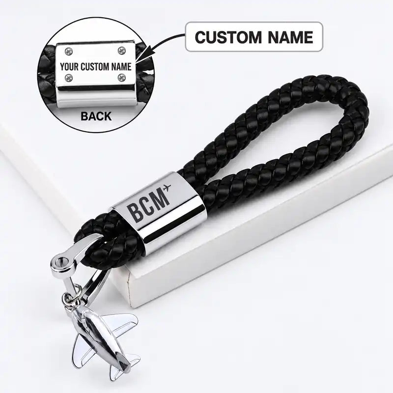Bacău International Airport (BCM) Leather Key Chains - Leather Key Chain - Braided Leather - Original Design - Black + Name
