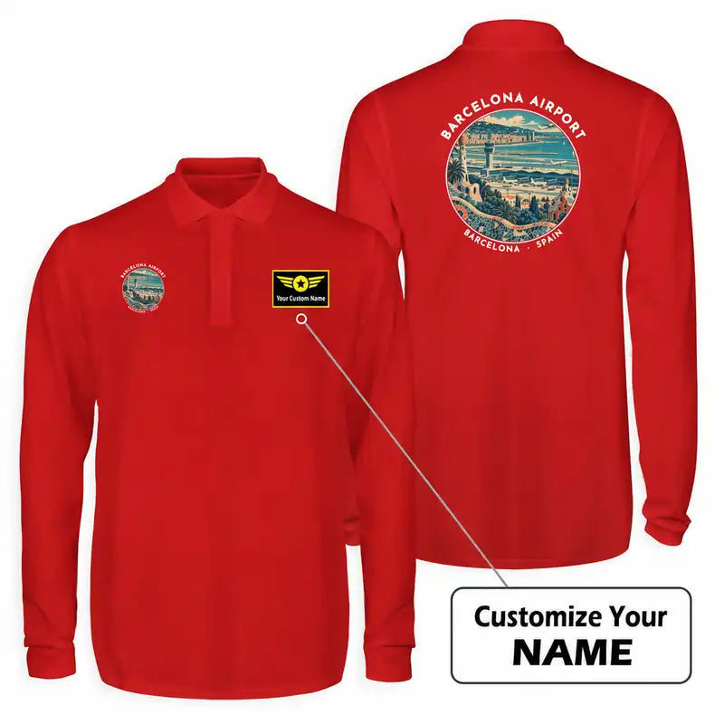 Josep Tarradellas Barcelona-El Prat Airport (BCN) Premium Polo T-Shirts - Badge + Name - Long Sleeve - Red