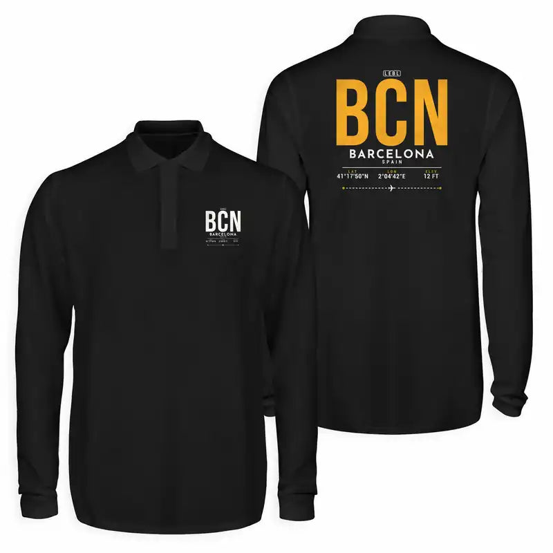 Josep Tarradellas Barcelona-El Prat Airport (BCN) Premium Polo T-Shirts - Tag - Long Sleeve - Black