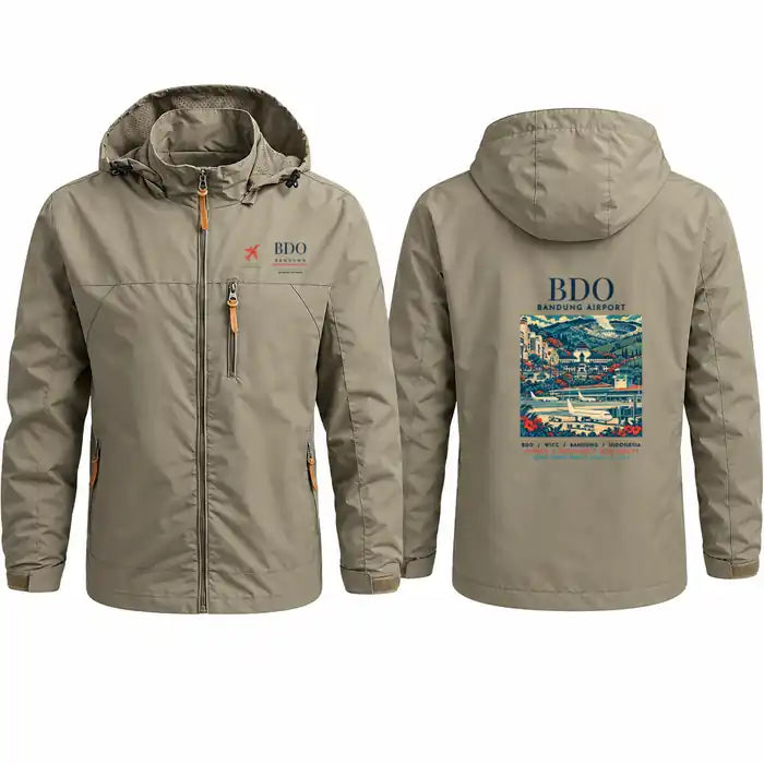 Husein Sastranegara International Airport (BDO) Stylish Jackets - Hooded Windbreaker - Poster - Khaki