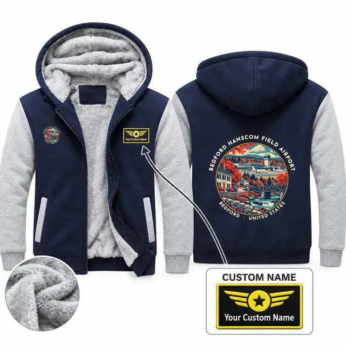 Bedford Hanscom Field Airport (BED) Zipped Sweatshirts - Badge + Name - Navy & Gray