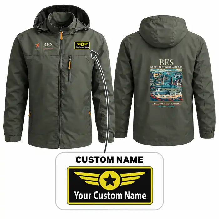 Brest Bretagne Airport (BES) Stylish Jackets - Hooded Windbreaker - Poster + Name - Olive Green