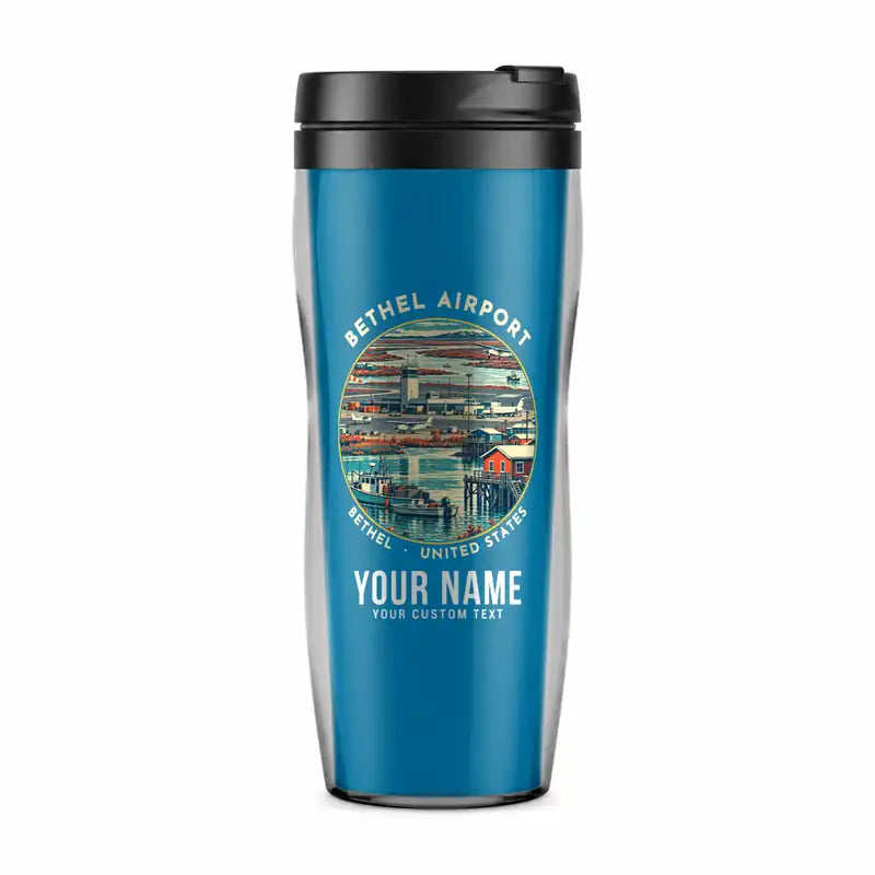 Bethel Airport (BET) Travel Mugs - Badge + Name - Plastic (No Holder) - Light Blue