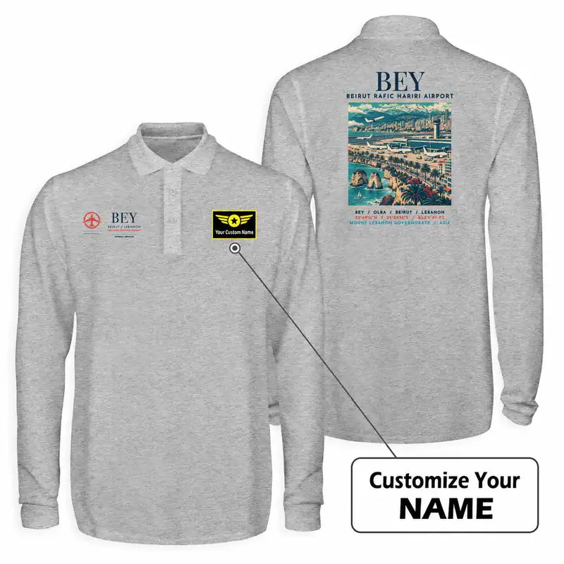 Beirut Rafic Hariri International Airport (BEY) Premium Polo T-Shirts - Poster + Name - Long Sleeve - Gray
