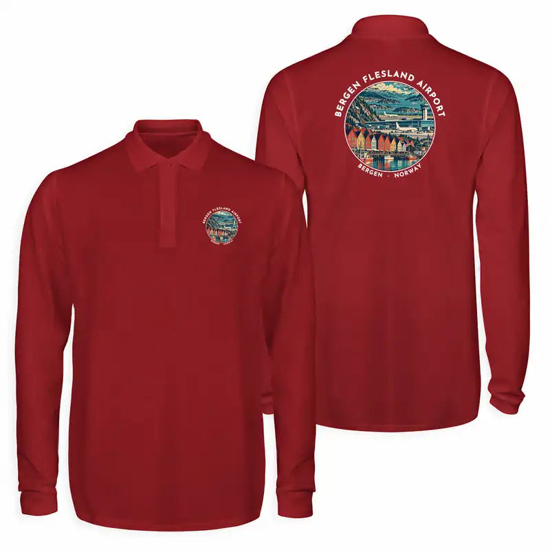 Bergen Airport Flesland (BGO) Premium Polo T-Shirts - Badge - Long Sleeve - Dark Red