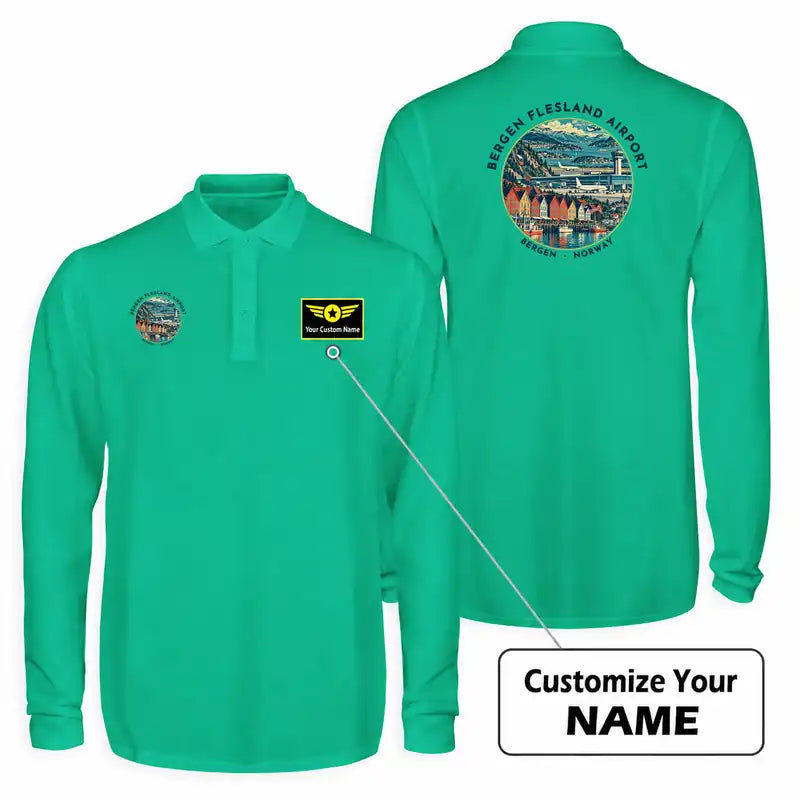 Bergen Airport Flesland (BGO) Premium Polo T-Shirts - Badge + Name - Long Sleeve - Green