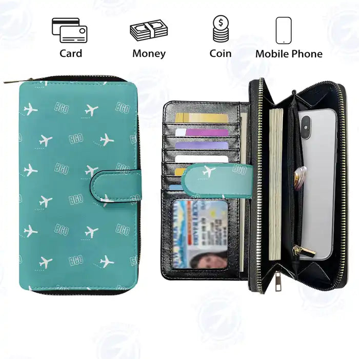 Bergen Airport Flesland (BGO) Leather Wallets - Zip Long Wallet - Pattern - Turquoise