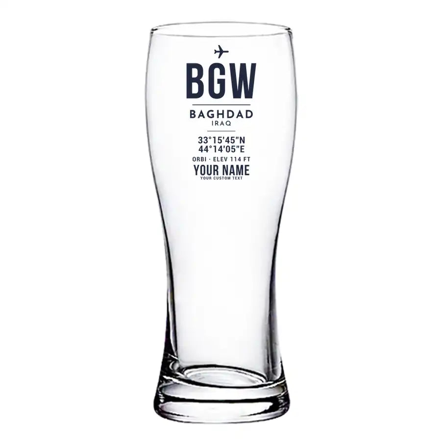 Baghdad International Airport (BGW) Glasses - ID Tag + Name - Pilsner Beer Glass