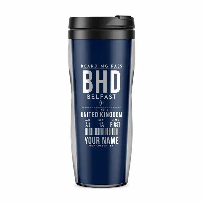 George Best Belfast City Airport (BHD) Travel Mugs - Boarding Pass + Name - Plastic (No Holder) - Dark Blue