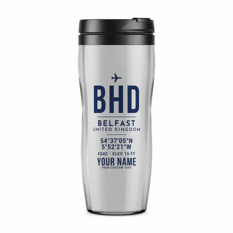George Best Belfast City Airport (BHD) Travel Mugs - ID Tag + Name - Plastic (No Holder) - Light Gray