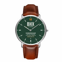 Thumbnail for Birmingham Airport (BHX) Aviator Watches - Classic - Dark Green - Slim Leather - Silver & Brown Leather Strap