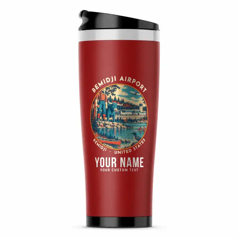 Bemidji Regional Airport (BJI) Travel Mugs - Badge + Name - Stainless Steel (No Holder) - Red