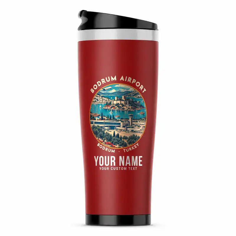 Milas-Bodrum Airport (BJV) Travel Mugs - Badge + Name - Stainless Steel (No Holder) - Red